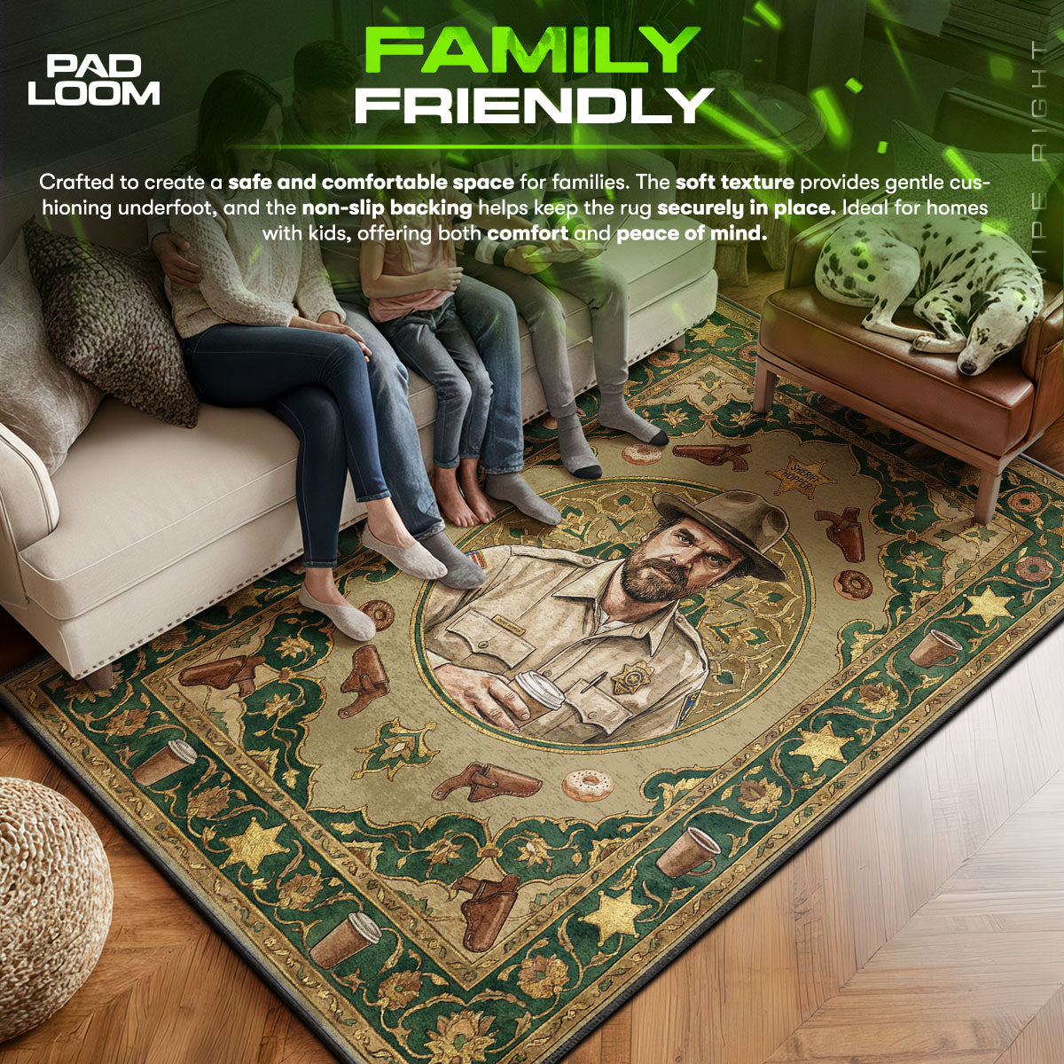Stranger area rug showing full home decor artwork