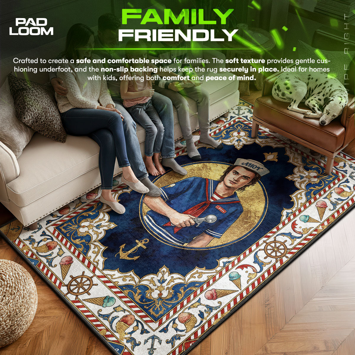 Stranger area rug showing full home decor artwork