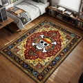One Piece Straw Hat Pirate logo centered on an ornate red and gold Persian treasure style area rug and floor mat