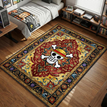 One Piece Straw Hat Pirate logo centered on an ornate red and gold Persian treasure style area rug and floor mat