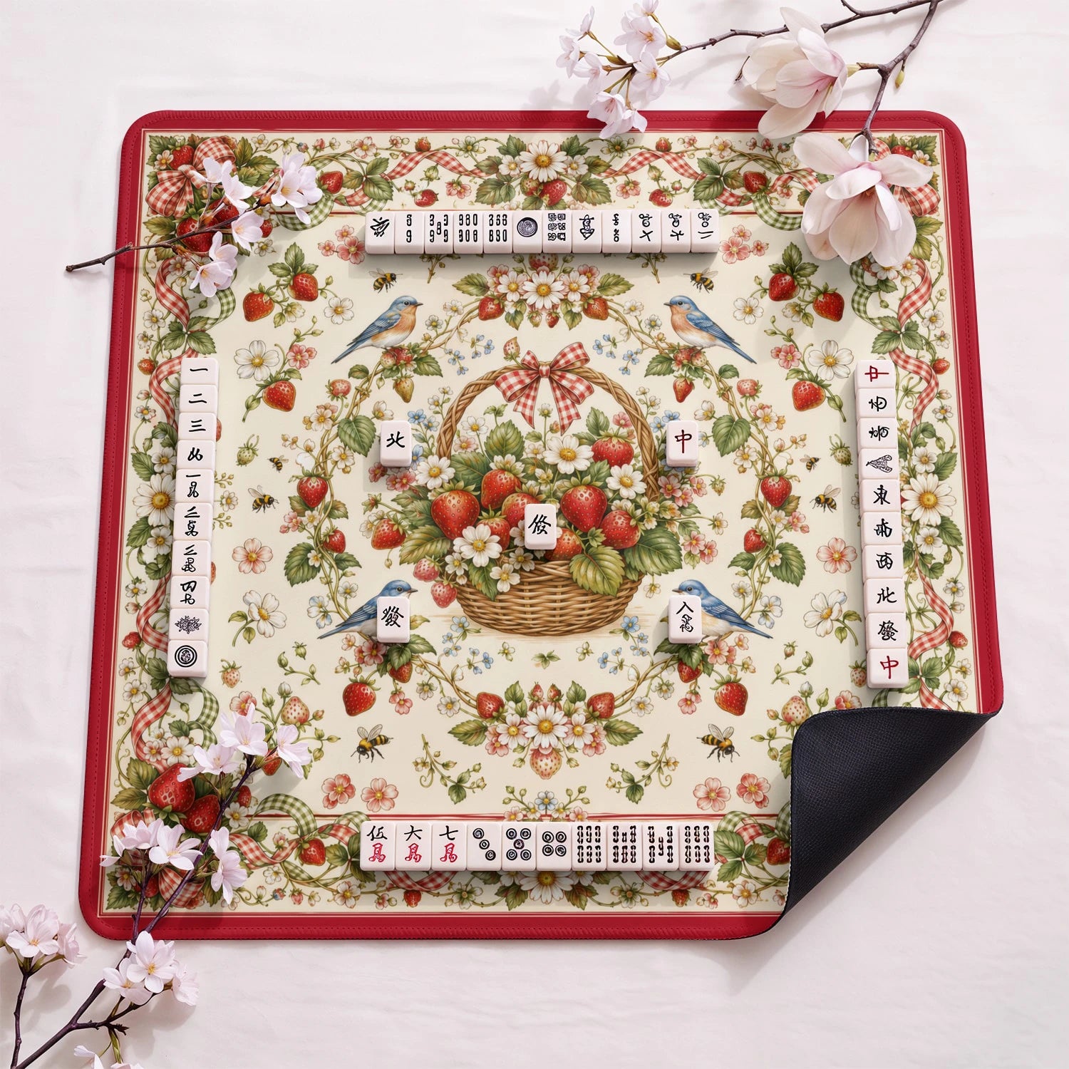 Strawberry Basket design close-up on mahjong mat surface