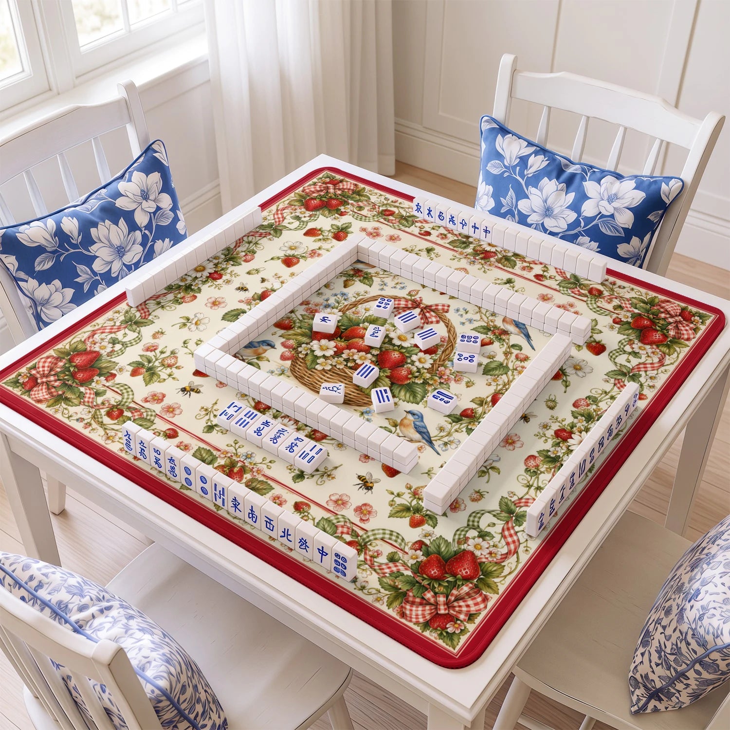 Strawberry Basket mahjong mat with tiles and racks on the table
