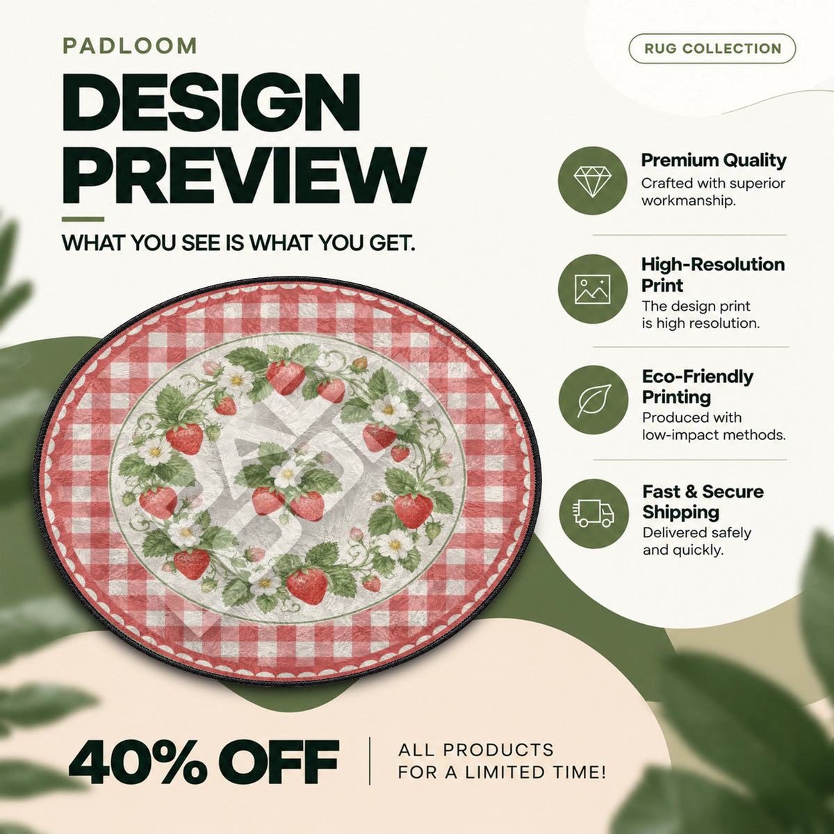 Strawberry Gingham floral round rug full design preview