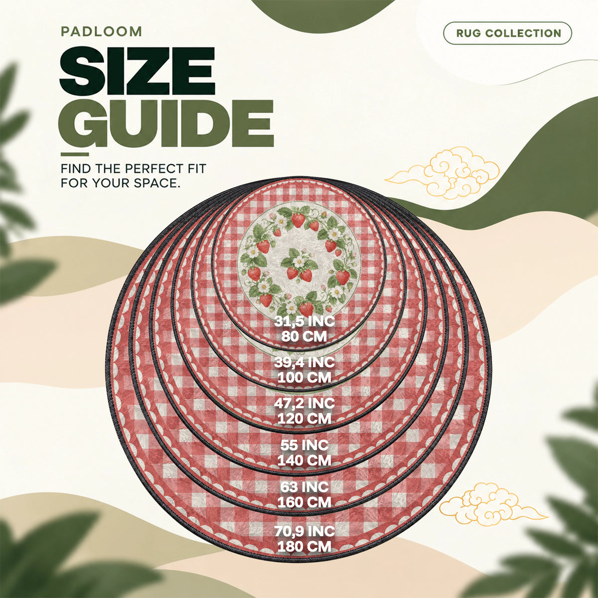 Strawberry Gingham round rug size guide, 80 to 180 cm (31.5 to 70.9 in)