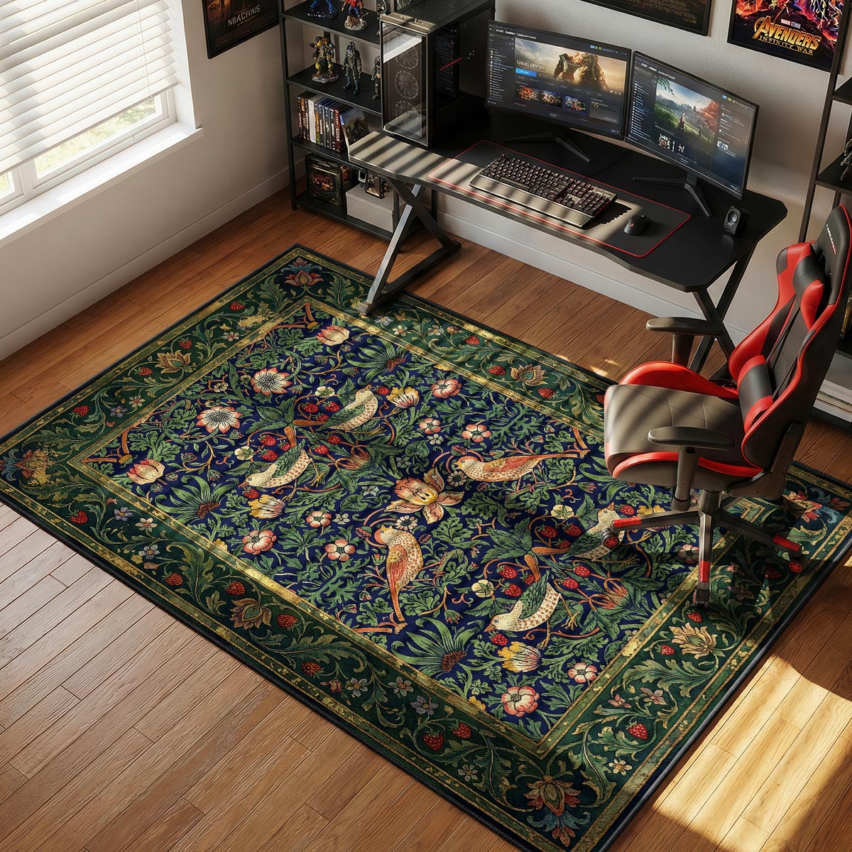Strawberry thief rug placed in a traditional study with dark wood shelves and brass lamp