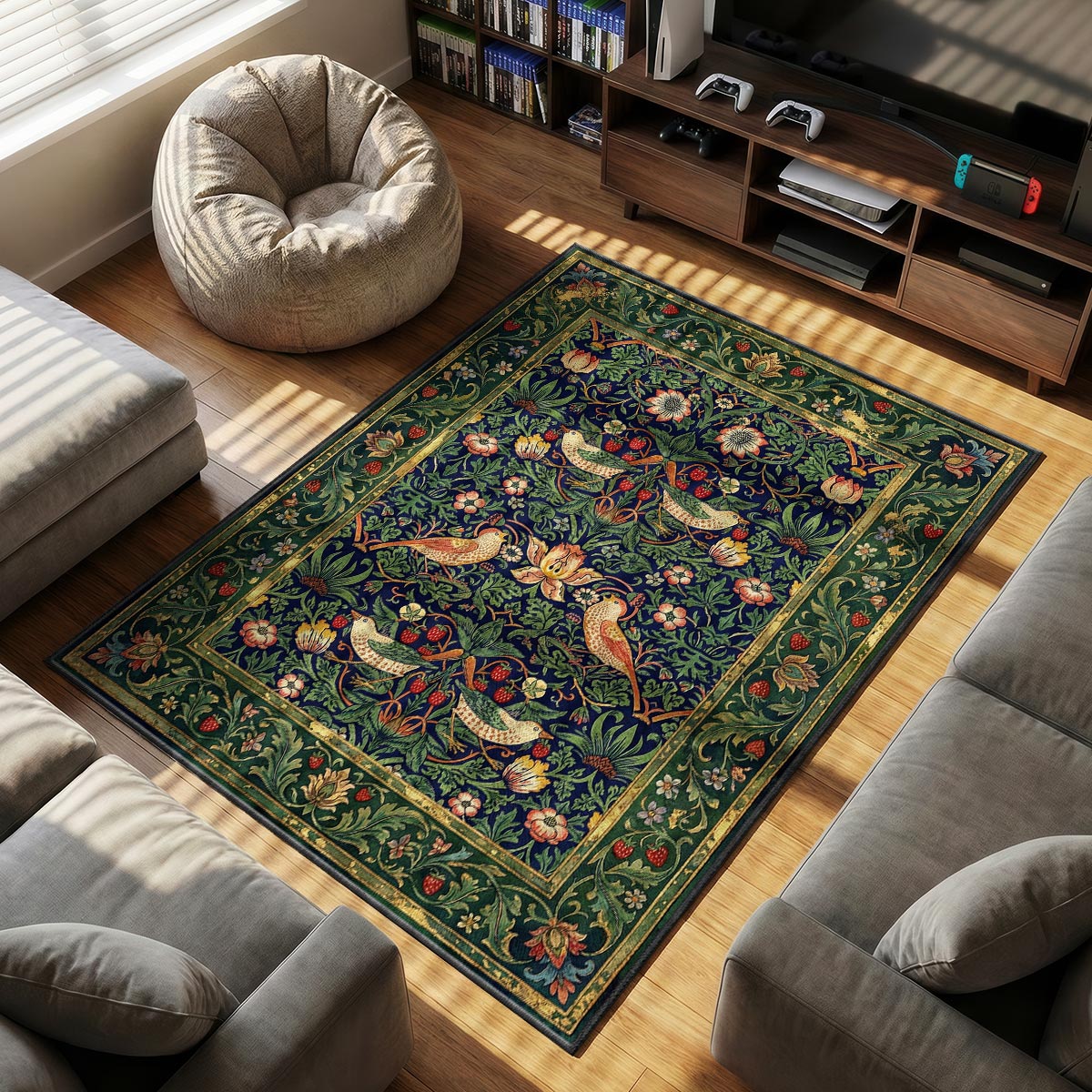 Close-up of strawberry thief rug showing bird and berry detail with gold-leaf edge accents