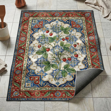 Climbing strawberry vine kitchen mat with red berries and white flowers on blue and red tile border