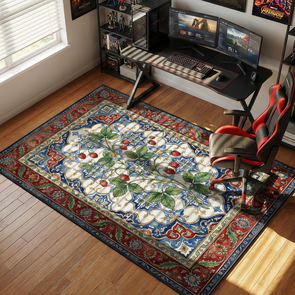 Strawberry vine kitchen rug on white tile floor near a ceramic bowl of fresh strawberries
