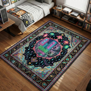 Stray cat sitting in a neon cyberpunk city alleyway with robotic companions and traditional borders illustration style gaming area rug and floor mat
