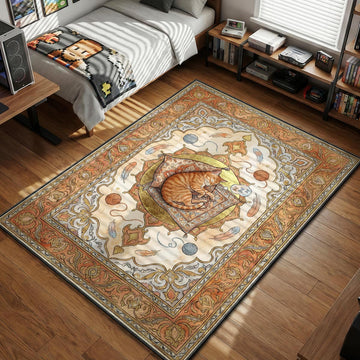 Orange tabby cat sleeping on a pillow with yarn balls and feathers illustration gaming area rug and floor mat