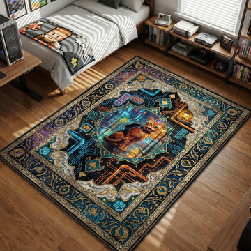 Orange tabby cat with backpack sitting in rainy cyberpunk city frame gaming area rug and floor mat