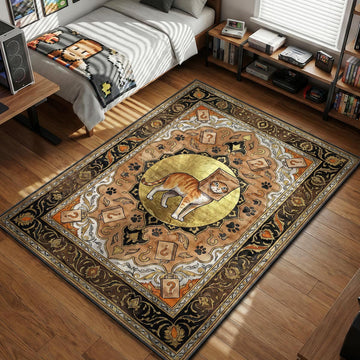 Orange tabby cat wearing a paper bag on head with paw prints and question marks illustration gaming area rug and floor mat