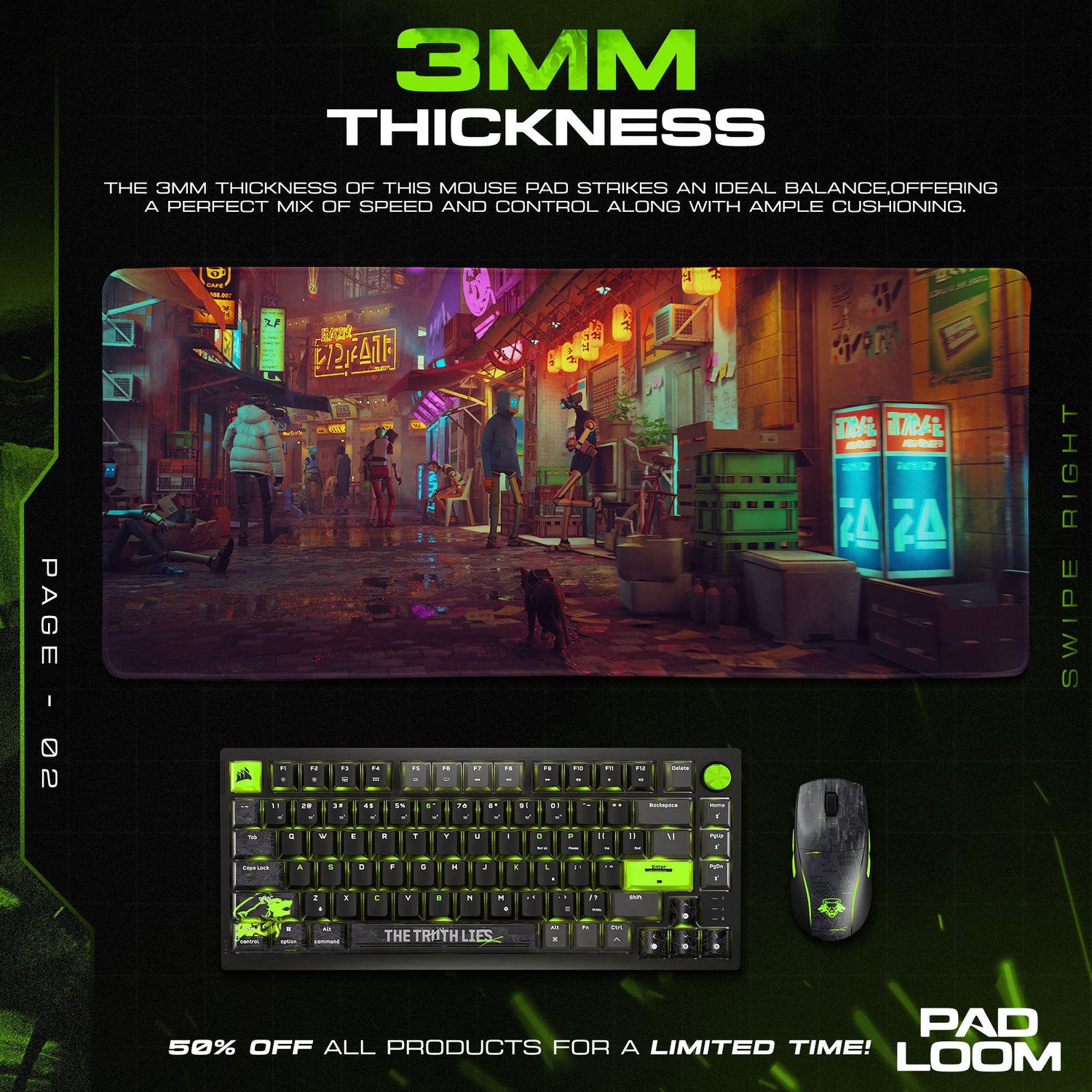 Stray Mouse Pad, Cyberpunk Alley Cat Gaming Desk Mat Padloom