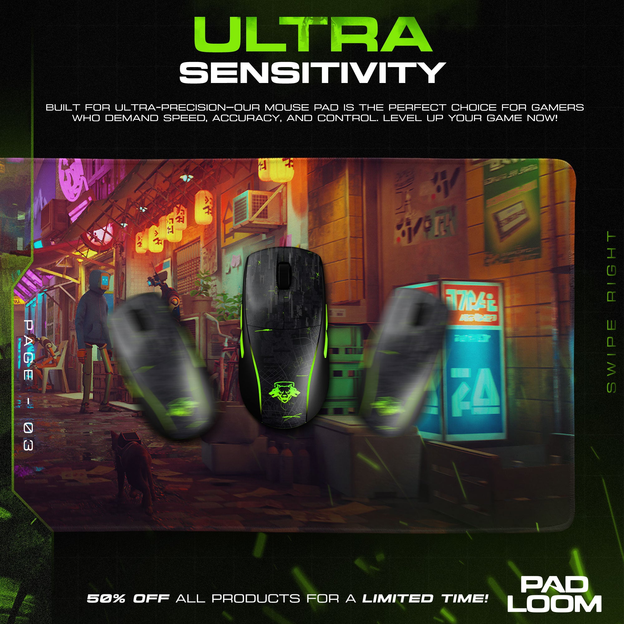 Stray Mouse Pad, Cyberpunk Alley Cat Gaming Desk Mat