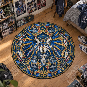 Strike Freedom Medallion Gundam round rug on a bedroom floor - Gundam chair mat