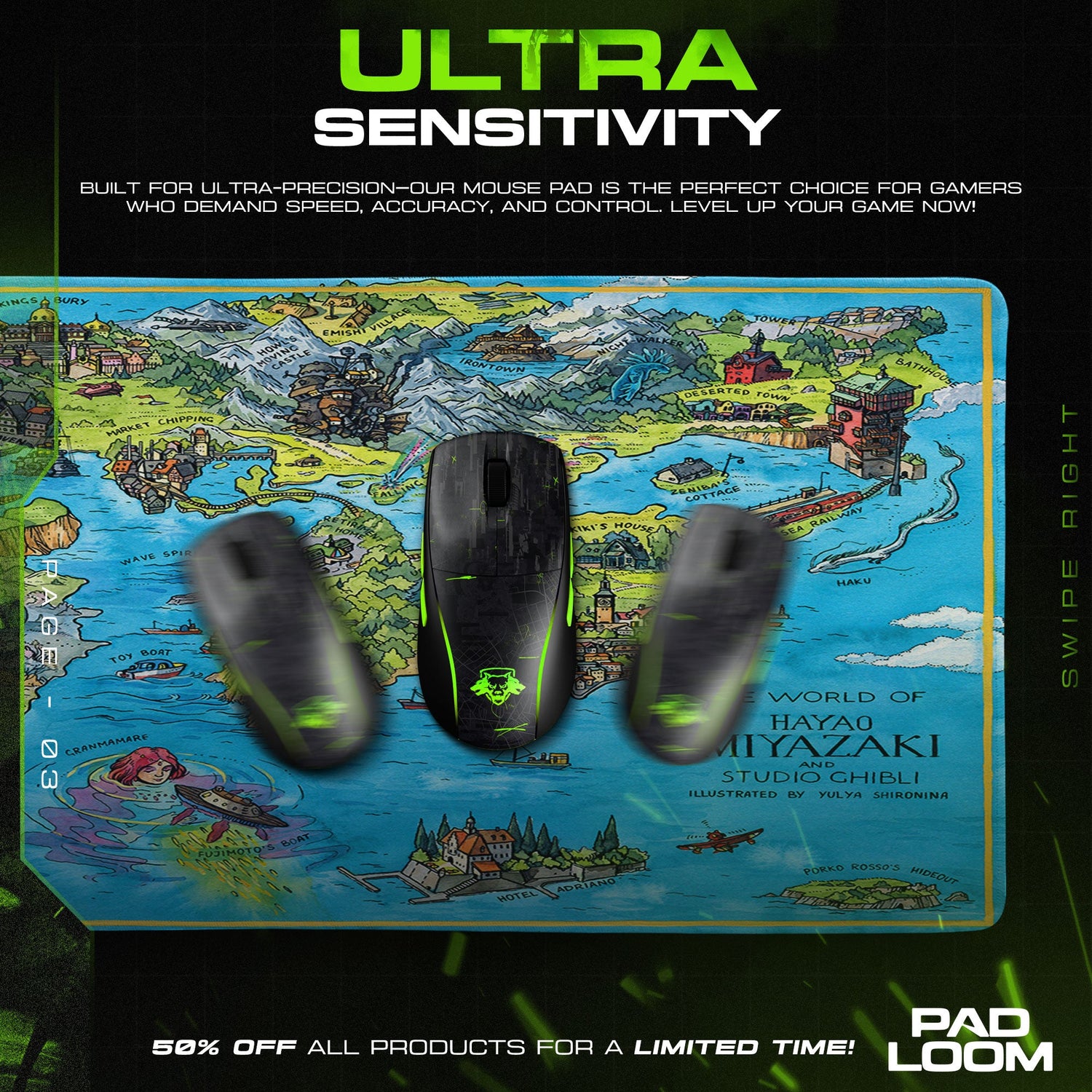 Studio Ghibli Mouse Pad, Miyazaki World Map Gaming Desk Mat Padloom