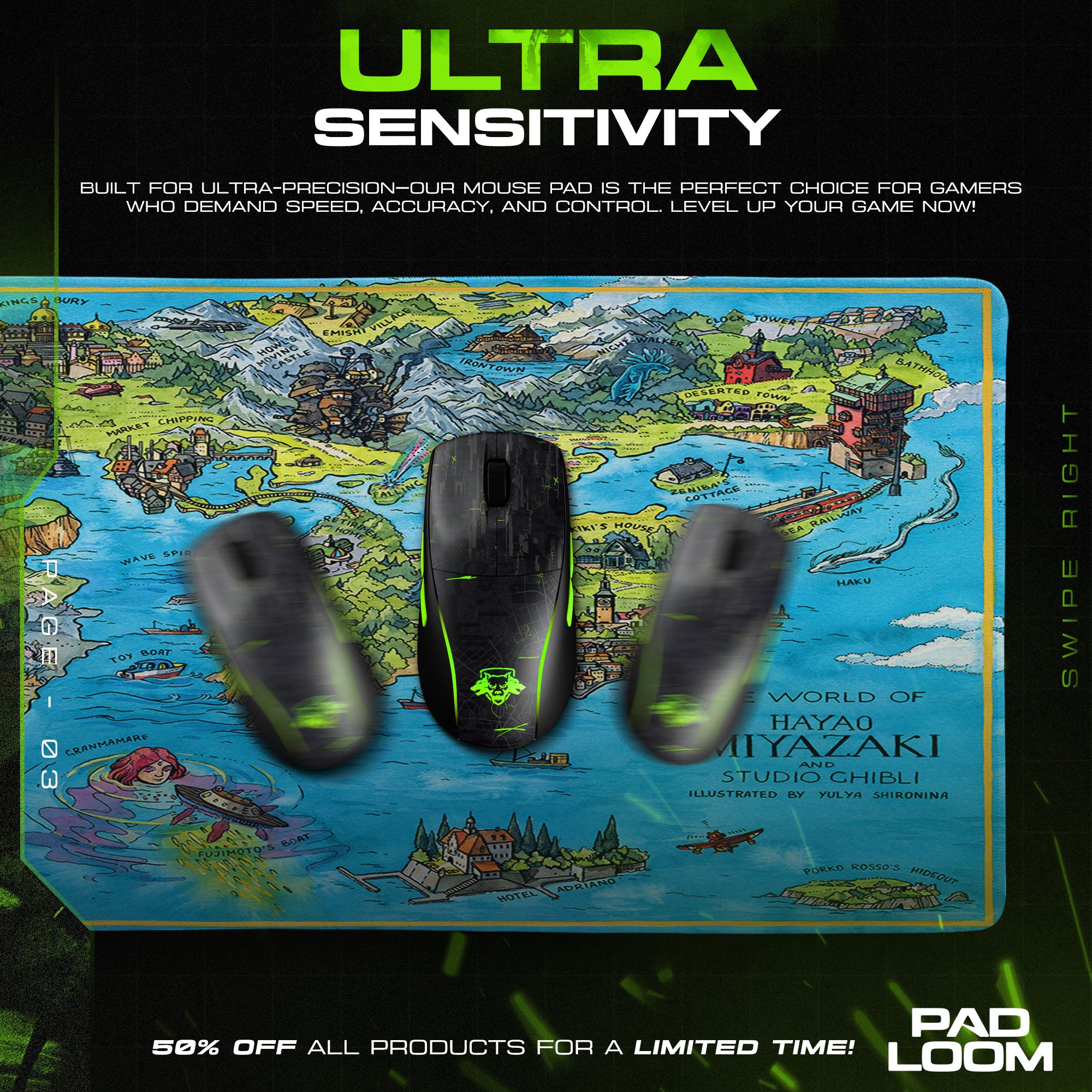 Studio Ghibli Mouse Pad, Miyazaki World Map Gaming Desk Mat
