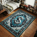 Stussy inspired chrome dollar sign design with 8-ball and dice corner accents on intricate blue paisley background hypebeast area rug