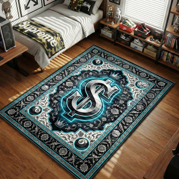 Stussy inspired chrome dollar sign design with 8-ball and dice corner accents on intricate blue paisley background hypebeast area rug