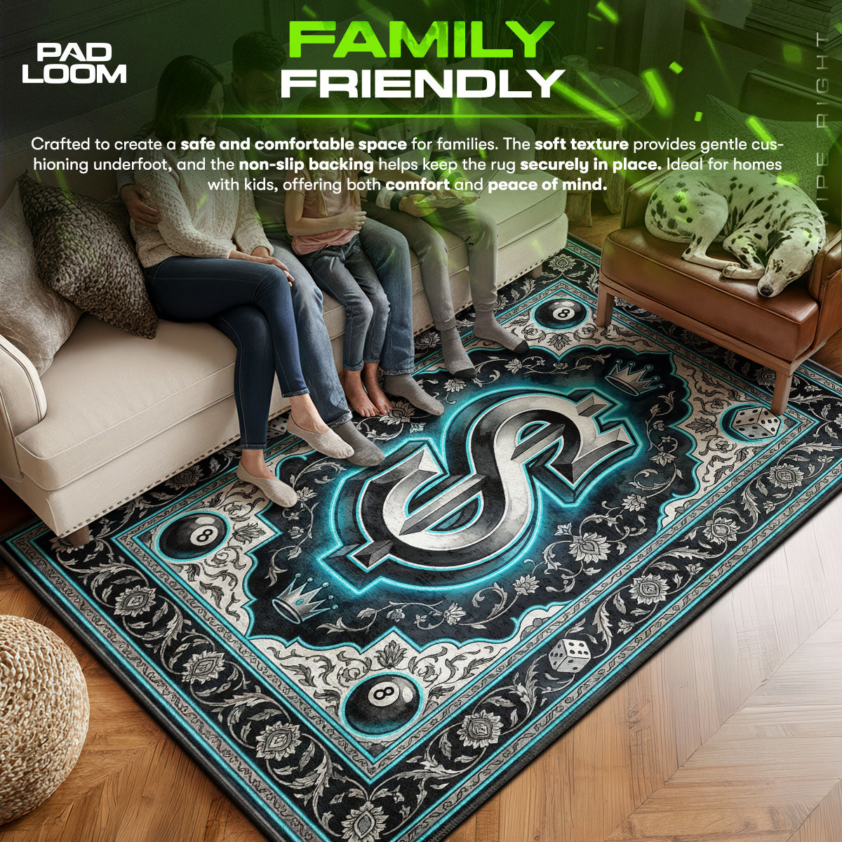 Stussy area rug showing full home decor artwork