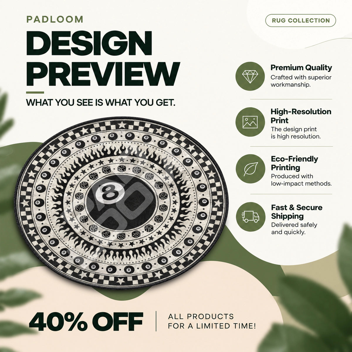 Stussy 8 Ball Flame hypebeast round rug full design preview