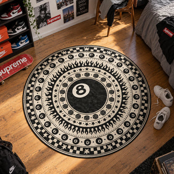 Stussy 8 Ball Flame hypebeast round rug on a bedroom floor - hypebeast chair mat