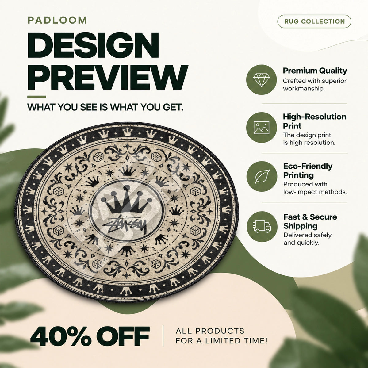 Stussy Crown hypebeast round rug full design preview