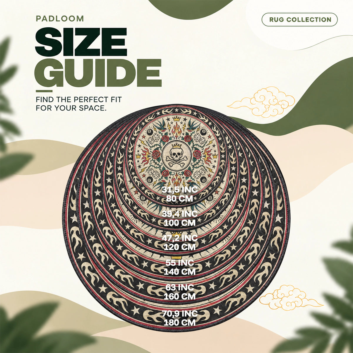 Stussy Skull round rug size guide, 80 to 180 cm (31.5 to 70.9 in)