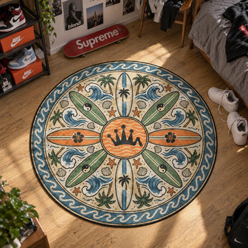 Stussy Surfboard hypebeast round rug on a bedroom floor - hypebeast chair mat