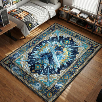 Sub-Zero wielding ice sword amidst blue crystals in ornate tarot card style gaming area rug and floor mat