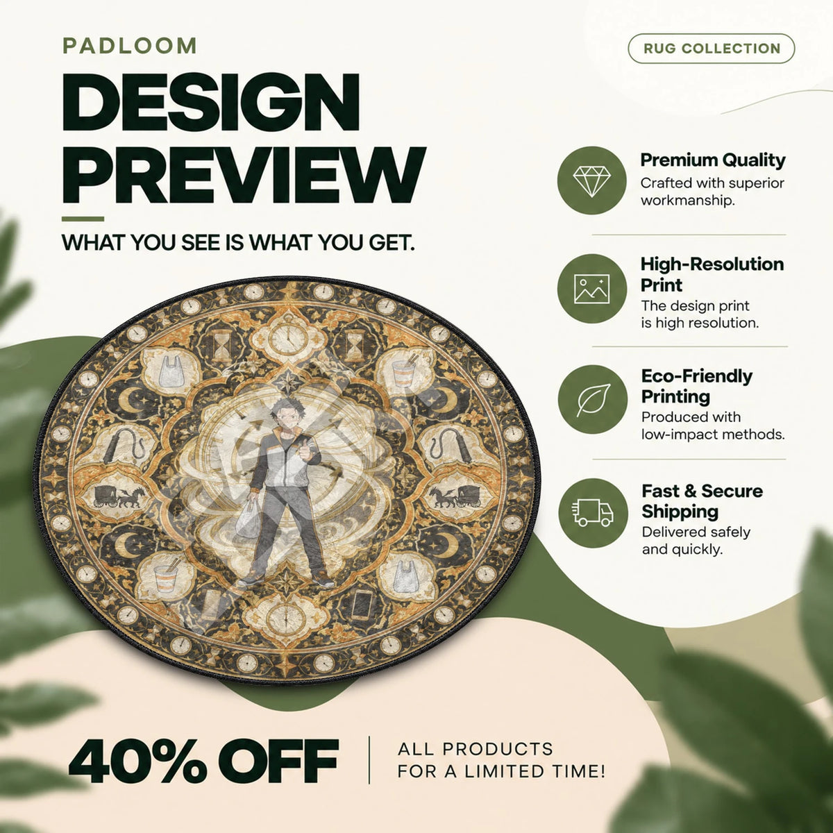 Subaru Clockwork Re Zero round rug full design preview