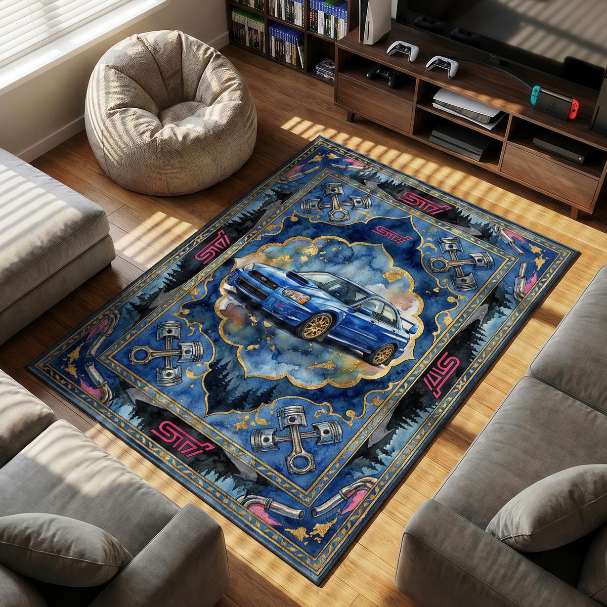 Subaru WRX themed area rug for home decor fans