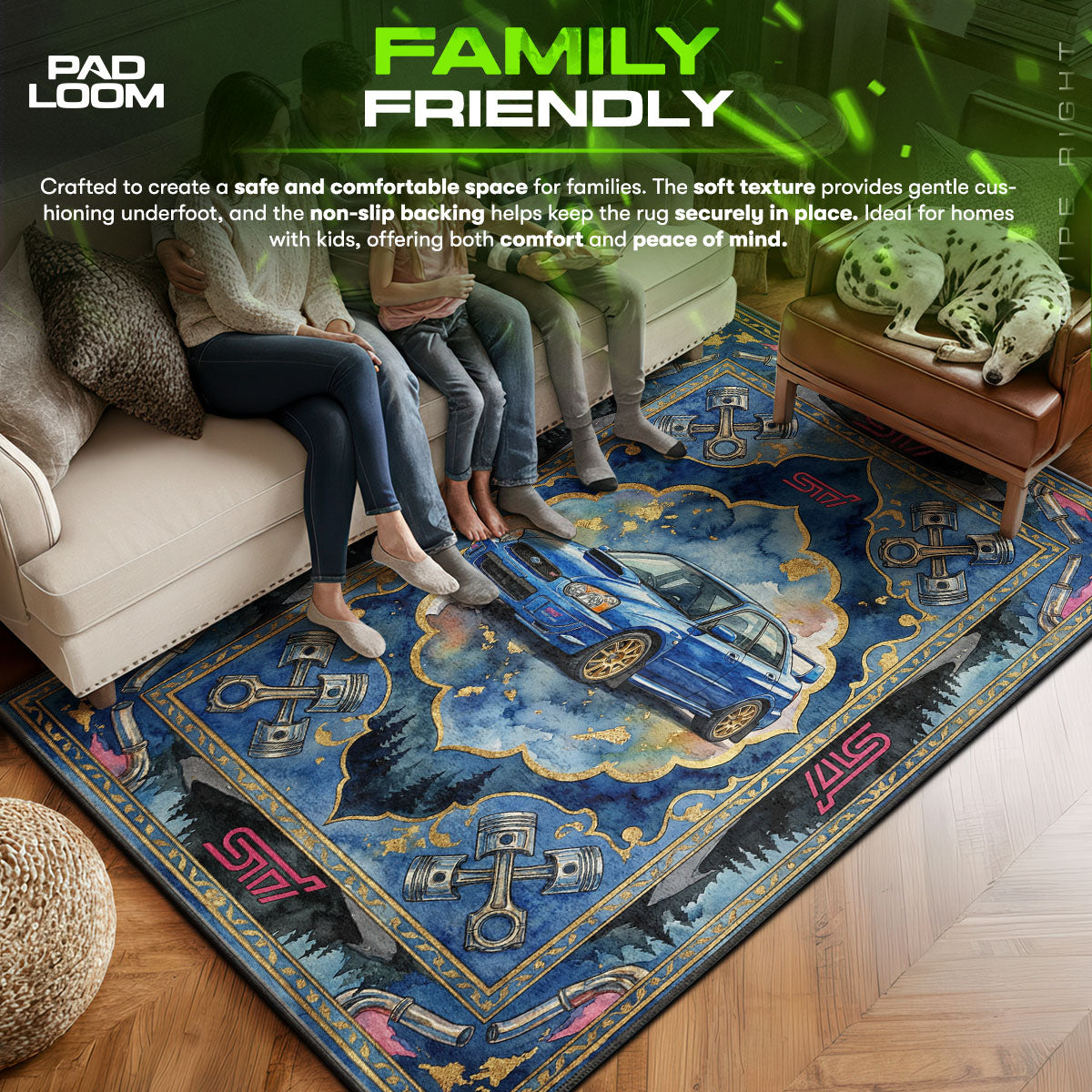 Subaru area rug showing full home decor artwork