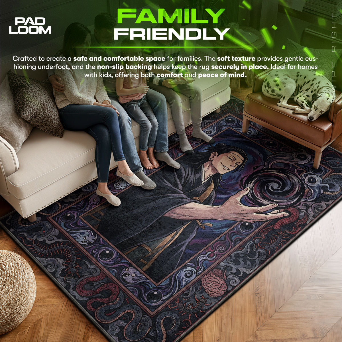 Suguru area rug showing full home decor artwork