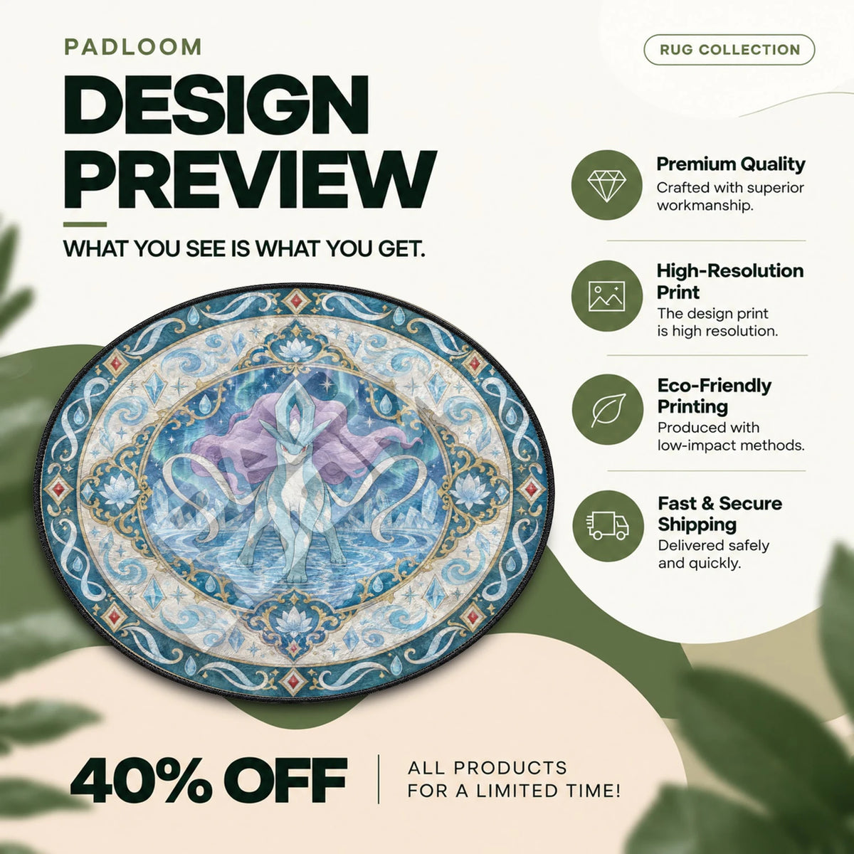Suicune Aurora Pokemon round rug full design preview