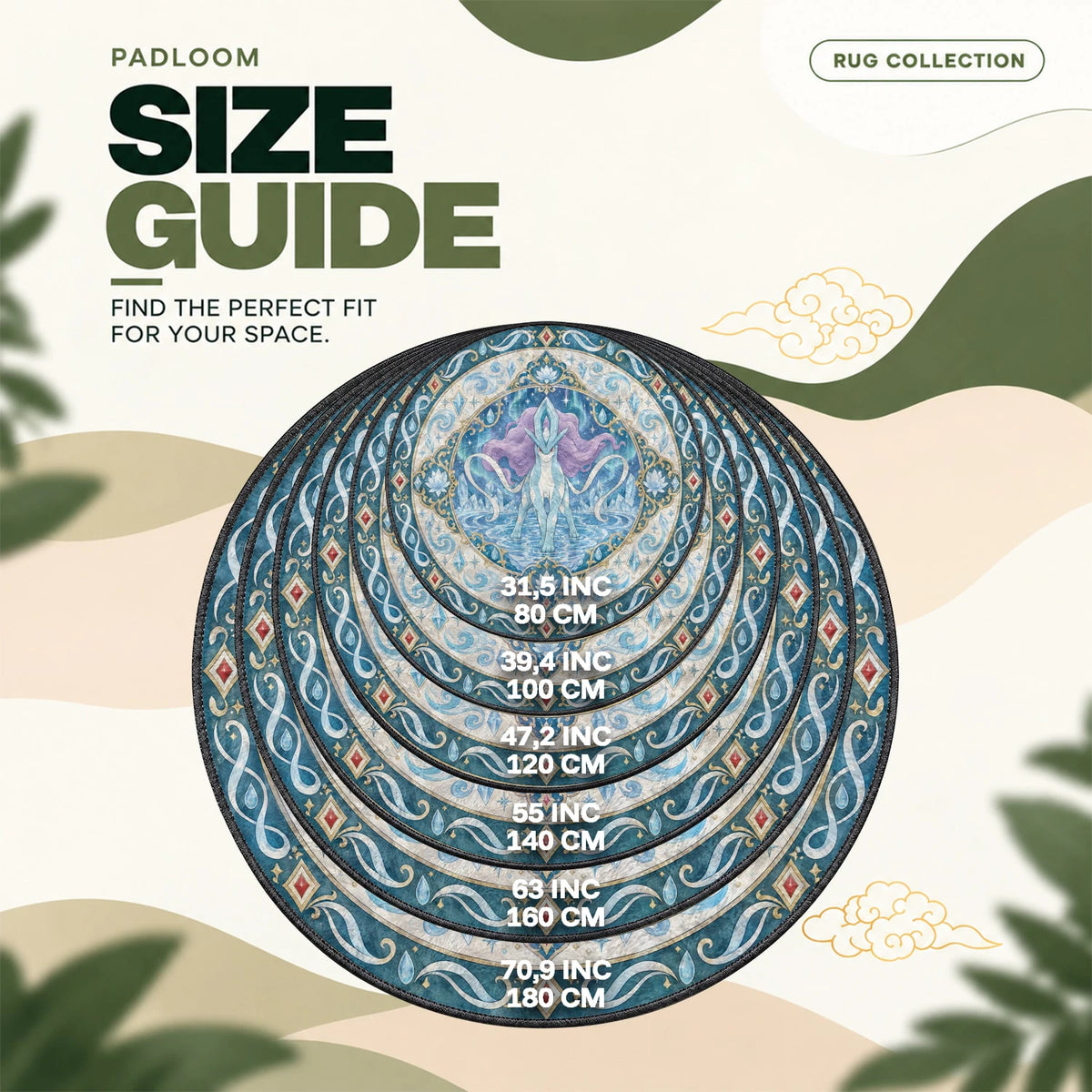 Suicune Aurora round rug size guide, 80 to 180 cm (31.5 to 70.9 in)