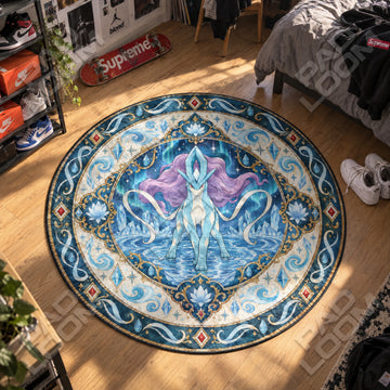 Suicune Aurora Pokemon round rug on a bedroom floor - Pokemon chair mat
