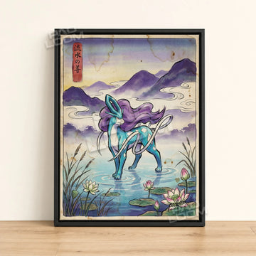 Suicune Lotus Pokemon poster - framed canvas wall art in a black frame