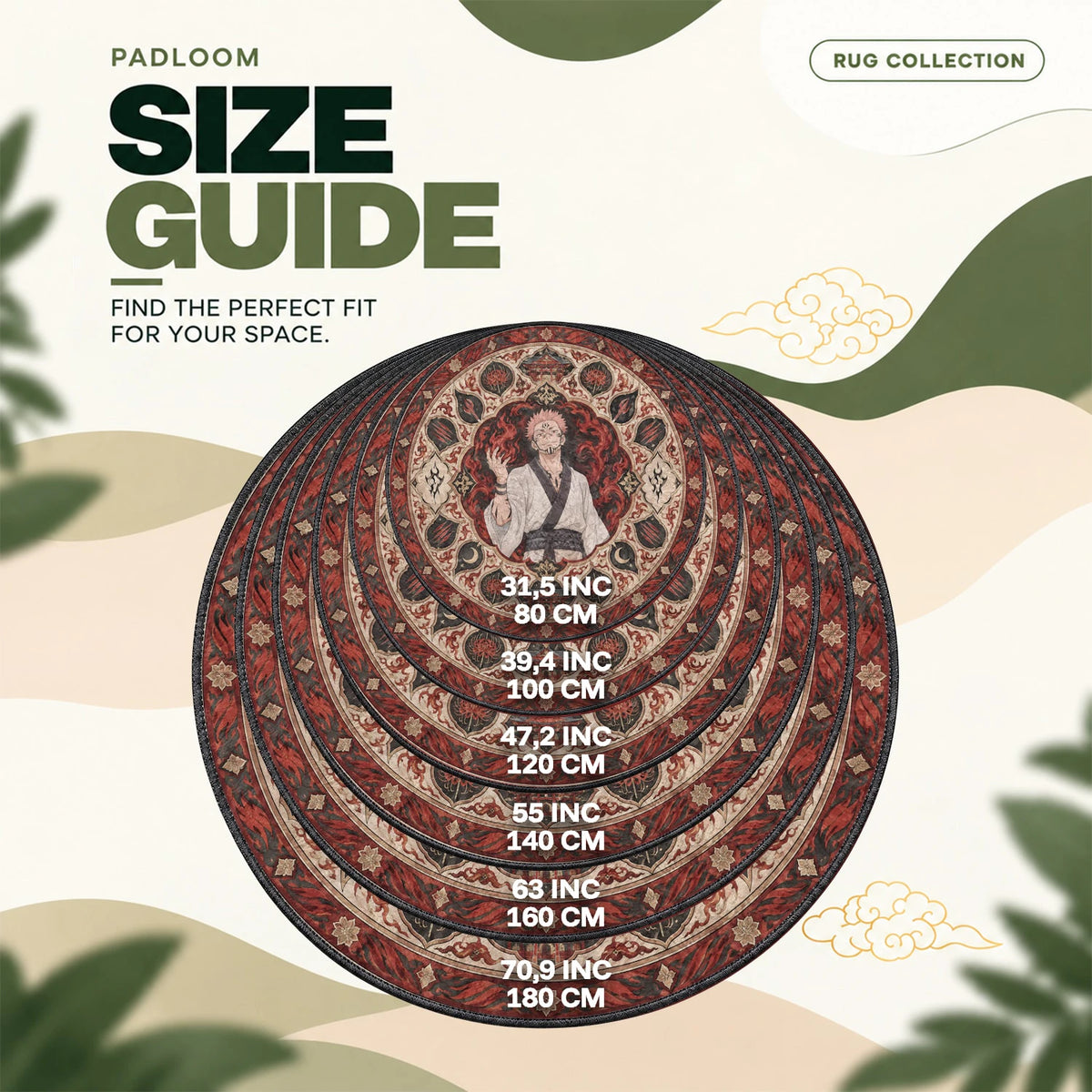 Sukuna Flame round rug size guide, 80 to 180 cm (31.5 to 70.9 in)
