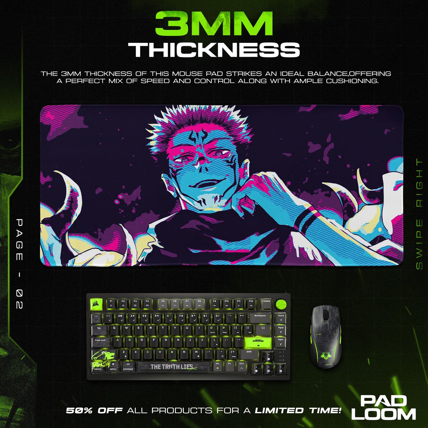 Sukuna Neon Curse Mouse Pad, Anime Gaming Desk Mat Padloom