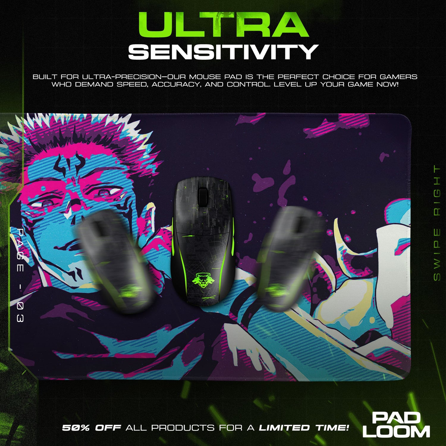 Sukuna Neon Curse Mouse Pad, Anime Gaming Desk Mat Padloom