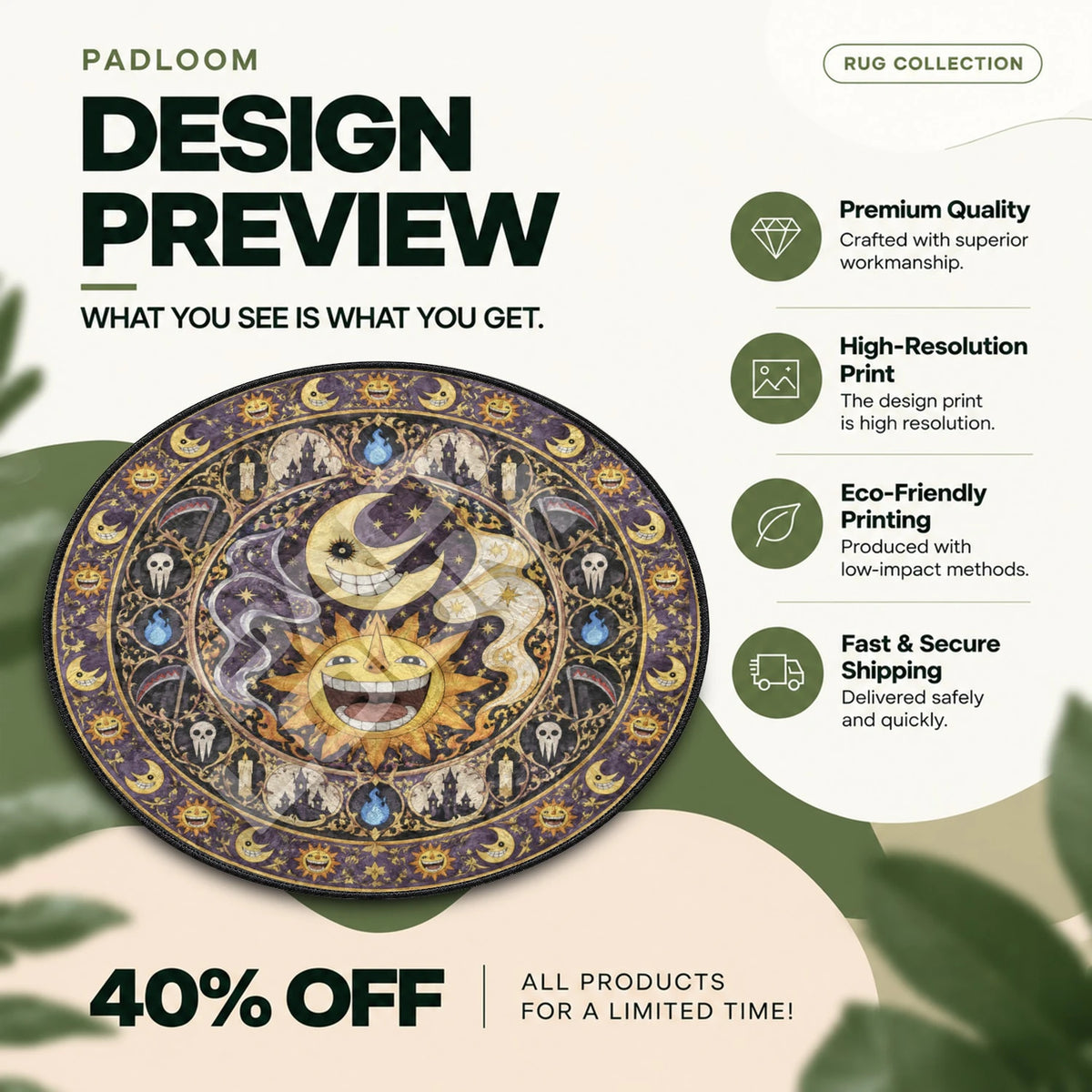 Sun and Moon Medallion Soul Eater round rug full design preview