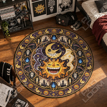 Sun and Moon Medallion Soul Eater round rug on a bedroom floor - Soul Eater chair mat