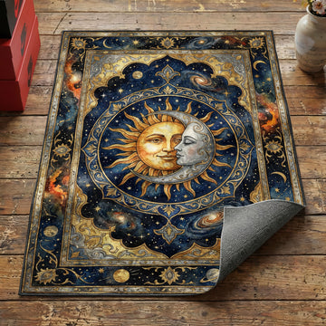 Celestial sun and moon lovers area rug with golden sun silver moon face on navy galaxy field