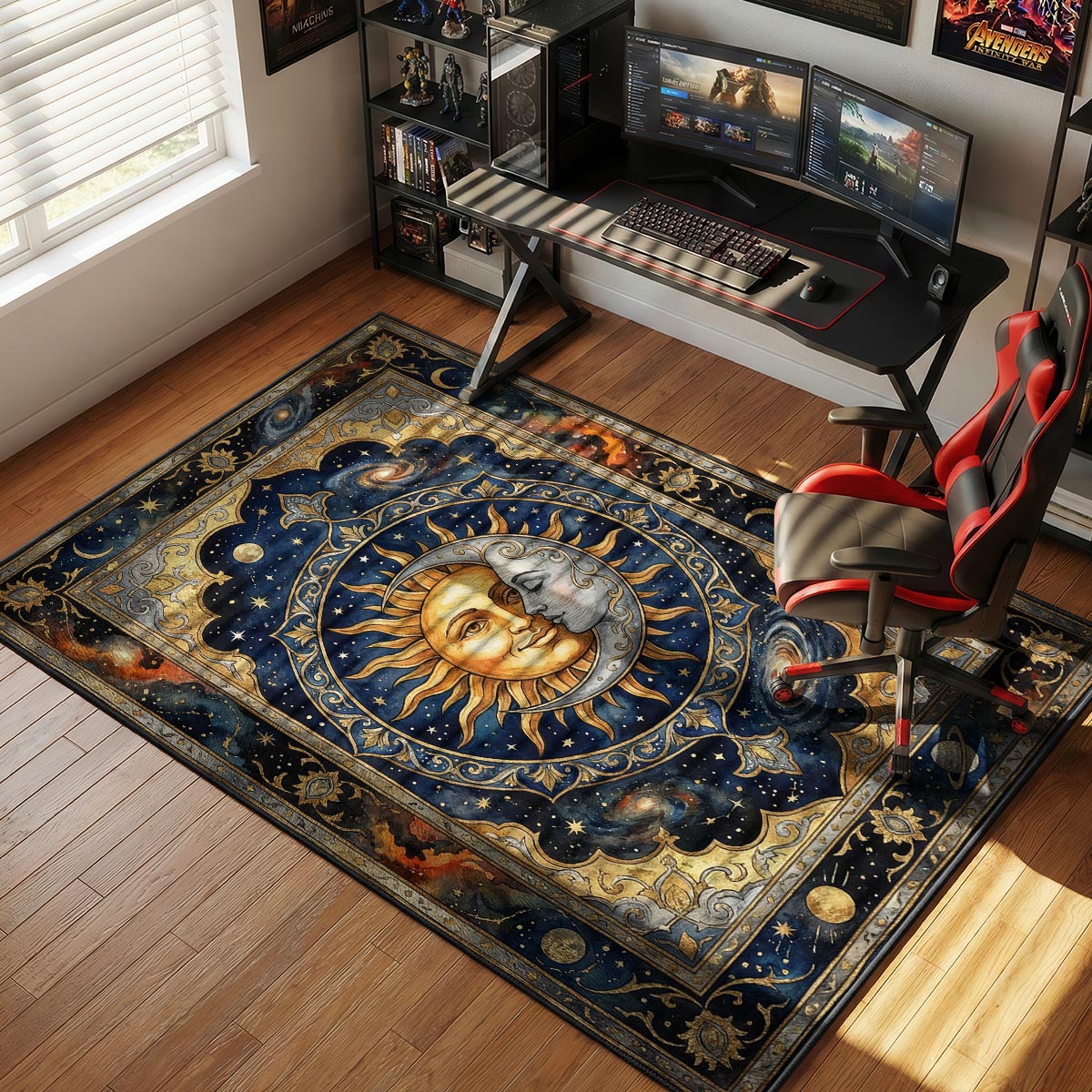 Sun moon lovers rug placed in a dark bedroom with string lights and celestial wall decor