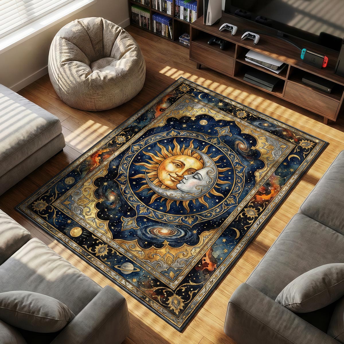 Close-up of sun moon rug showing gold ray and silver moon detail on plush dye-sublimation fiber