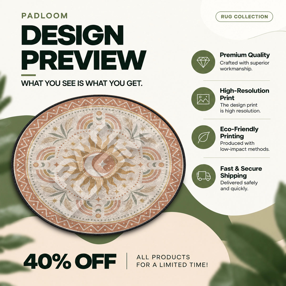 Sun Moon Terracotta celestial round rug full design preview