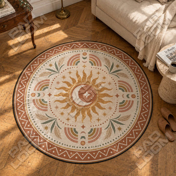 Sun Moon Terracotta celestial round rug in a styled room - celestial circle area rug
