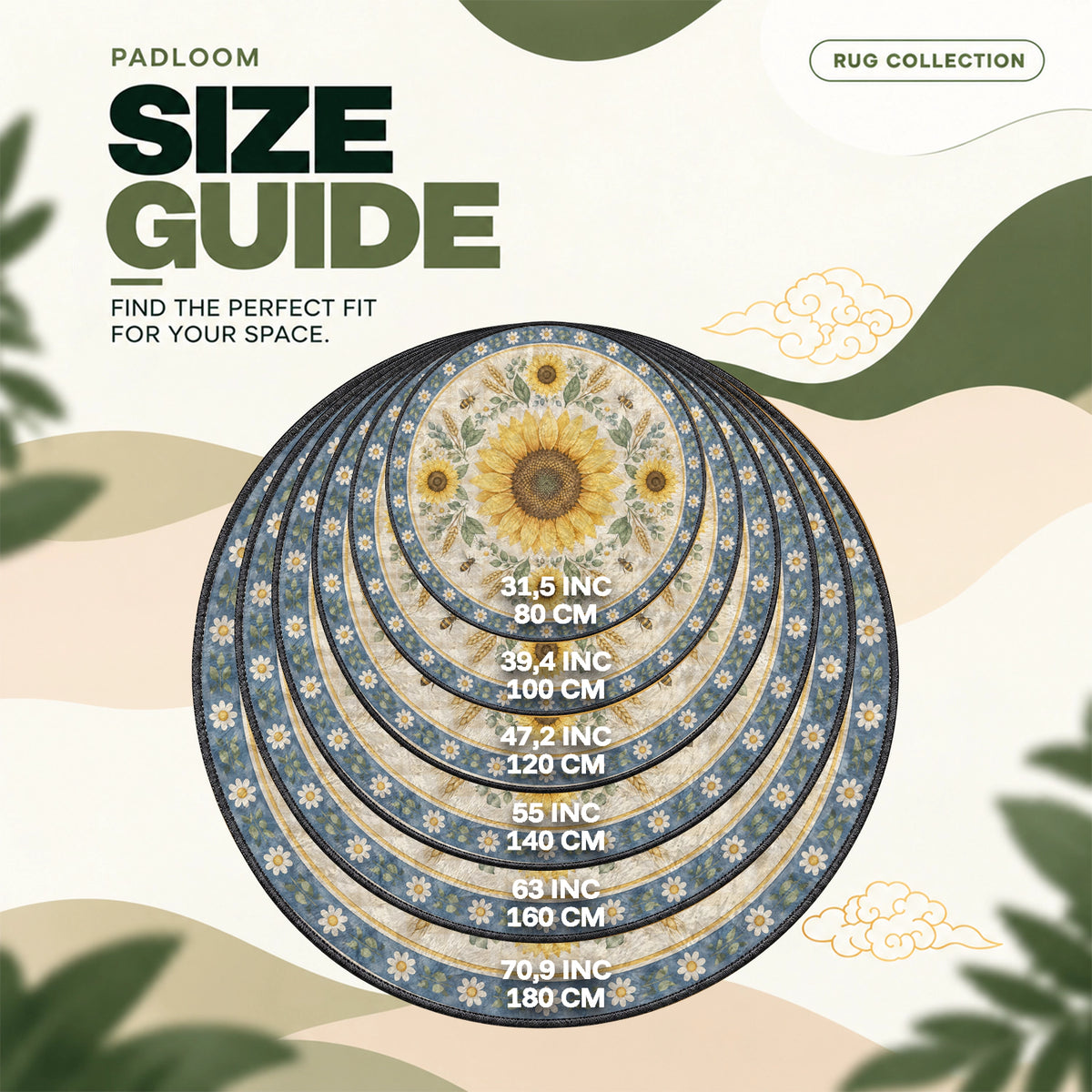 Sunflower Gingham round rug size guide, 80 to 180 cm (31.5 to 70.9 in)