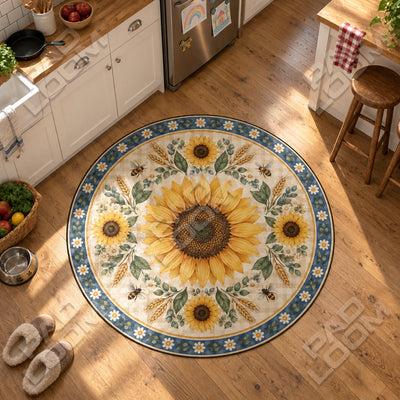 Sunflower Gingham Round Rug - Floral Circle Area Rug